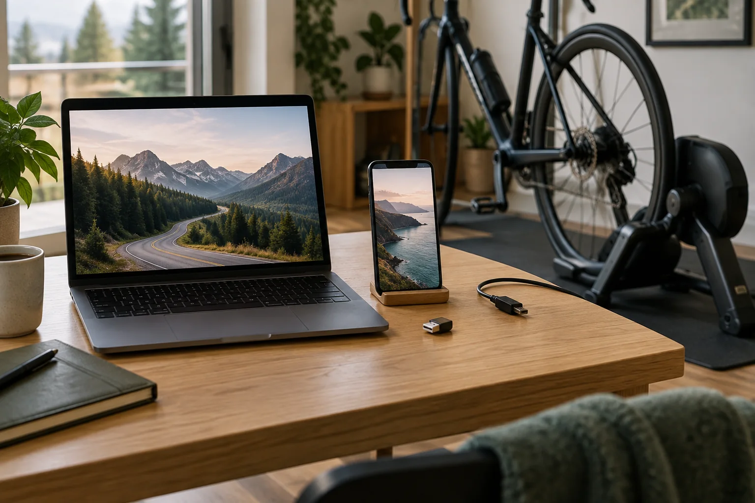 A laptop, smartphone, USB receiver and cable on a desk beside an indoor trainer.