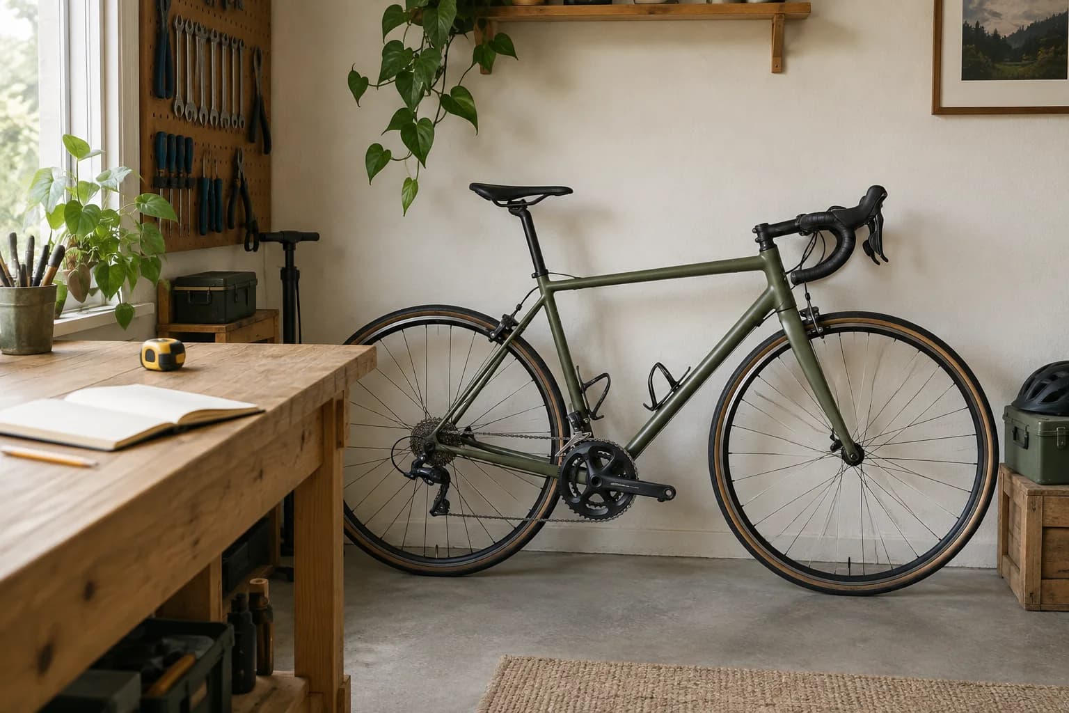 An olive road bike beside a workbench with a notebook and tape measure.