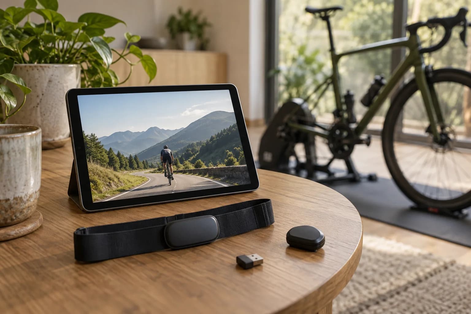 A tablet, heart-rate strap, sensor and USB receiver beside an indoor cycling setup.