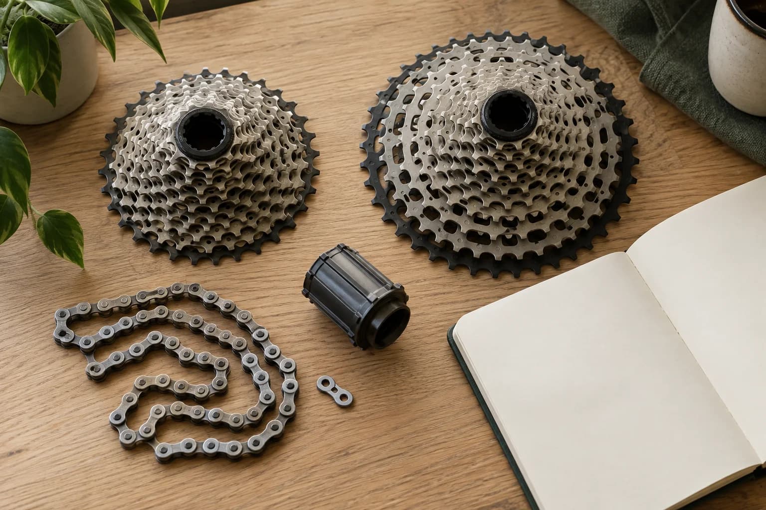Two cassettes of different sizes beside a chain, freehub body and notebook.