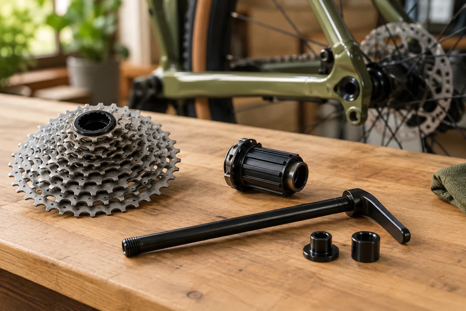 A cassette, freehub body, thru axle and adapters arranged separately on a workbench.