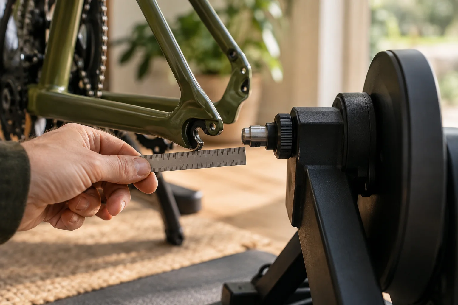 A hand holding a ruler between a bicycle rear dropout and a trainer mounting point.