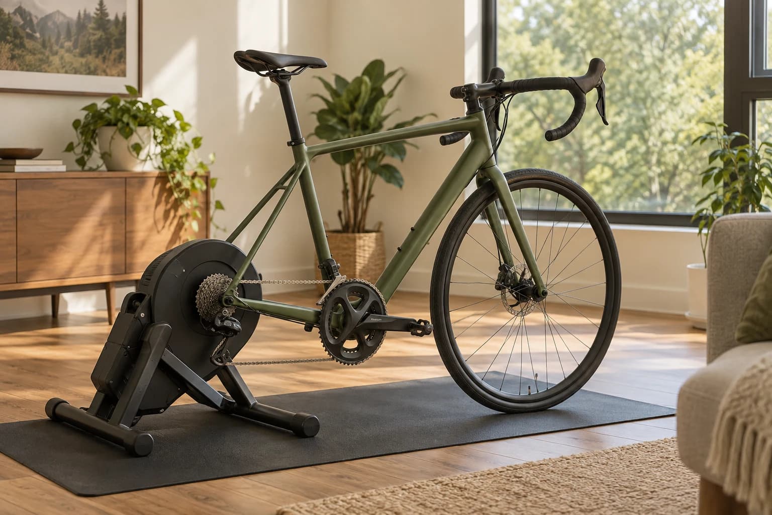 Illustration of an olive bicycle on an indoor trainer beside a sunlit window