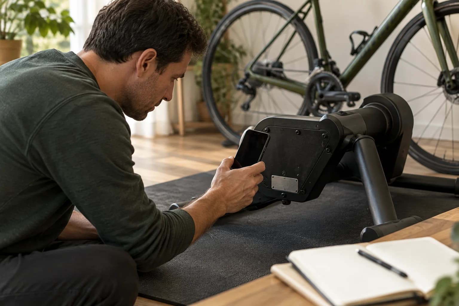A person examining a trainer identification plate with a smartphone beside a notebook.