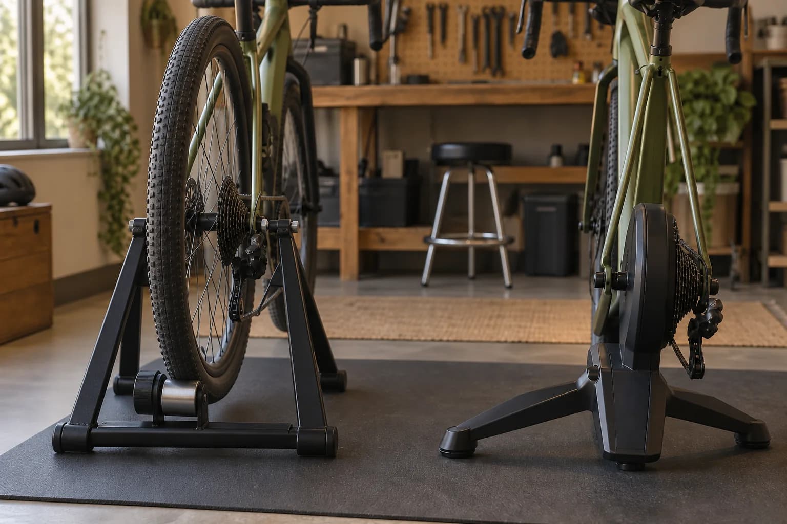 The rear of two bikes: one with its wheel on a wheel-on trainer, the other attached to a direct-drive trainer.