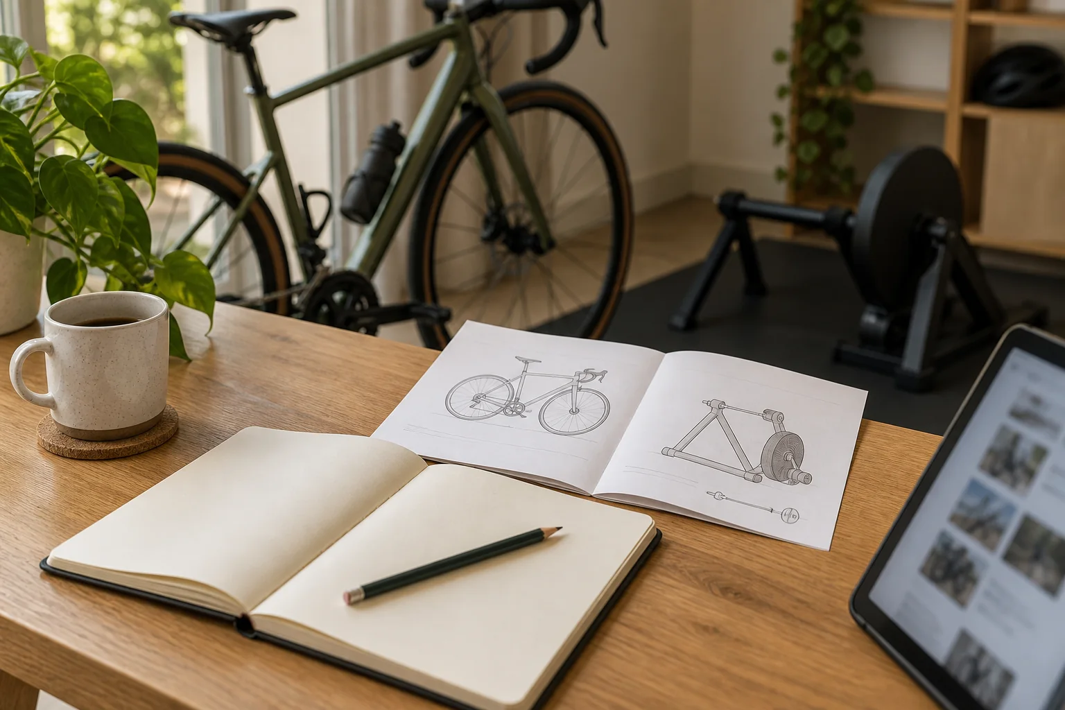 An open notebook alongside bicycle documentation and a tablet.