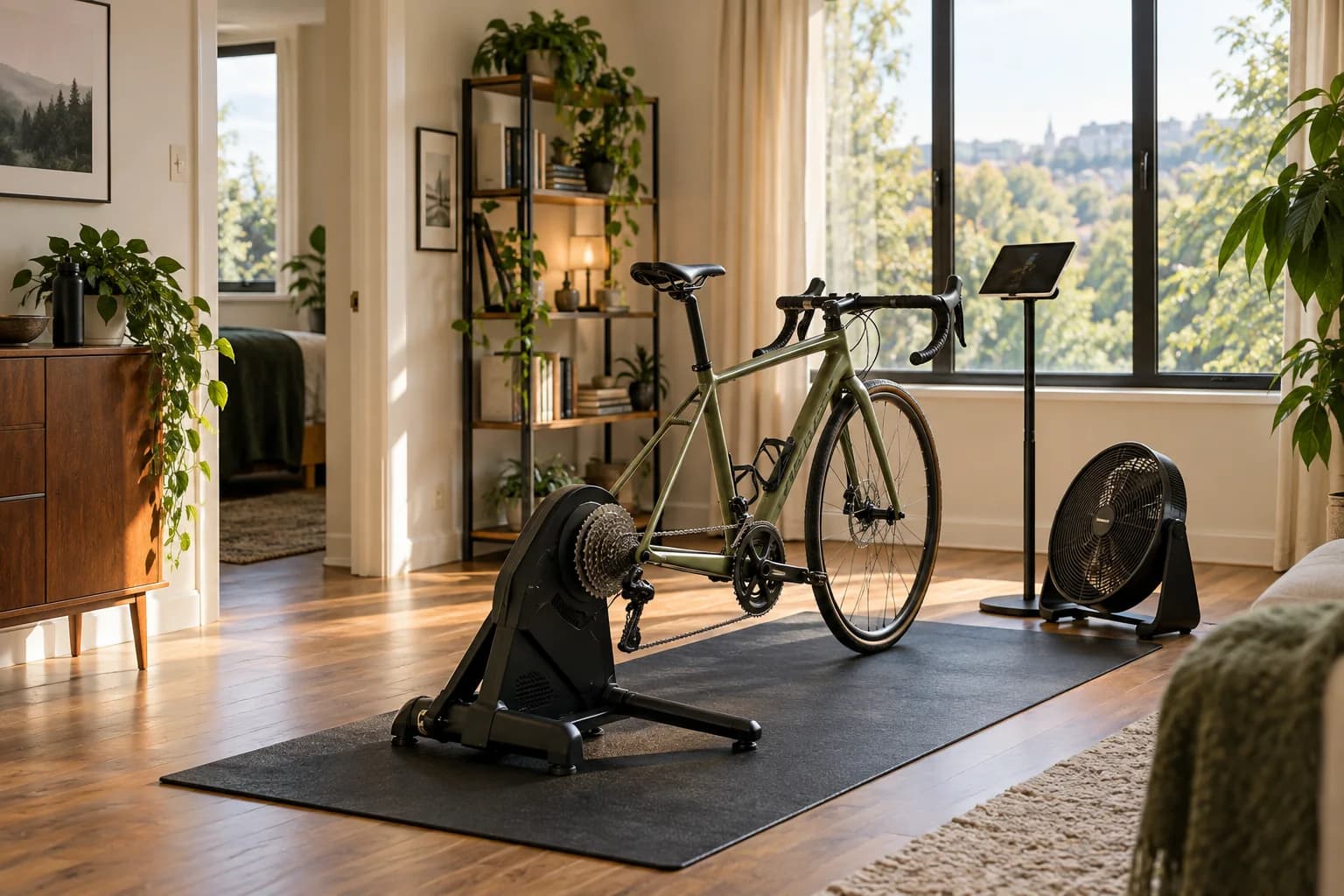 An indoor bike setup on a mat with a fan, tablet stand and clear surrounding space.