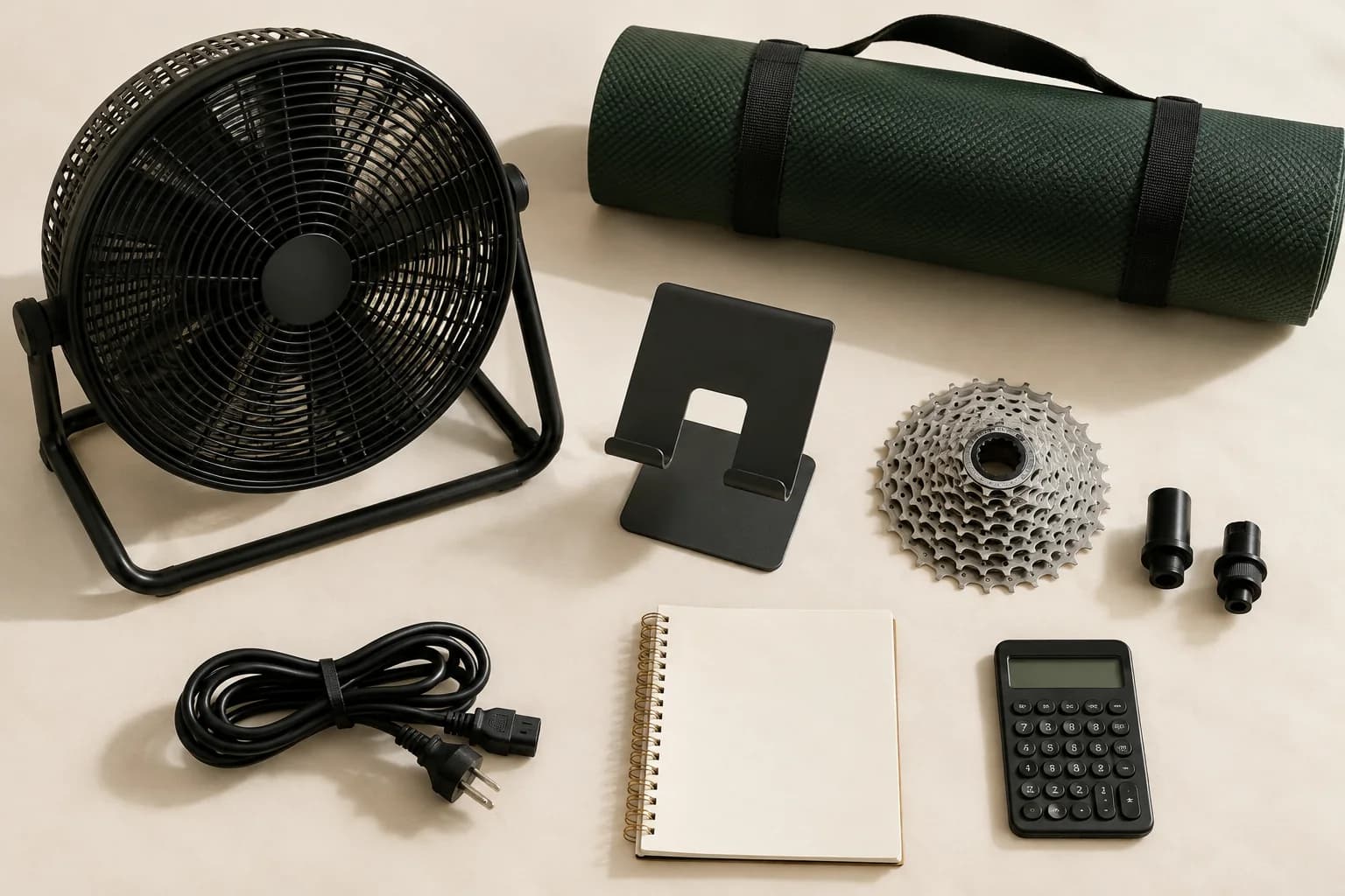 A fan, rolled mat, tablet stand, cassette, adapters, cable, notebook and calculator.