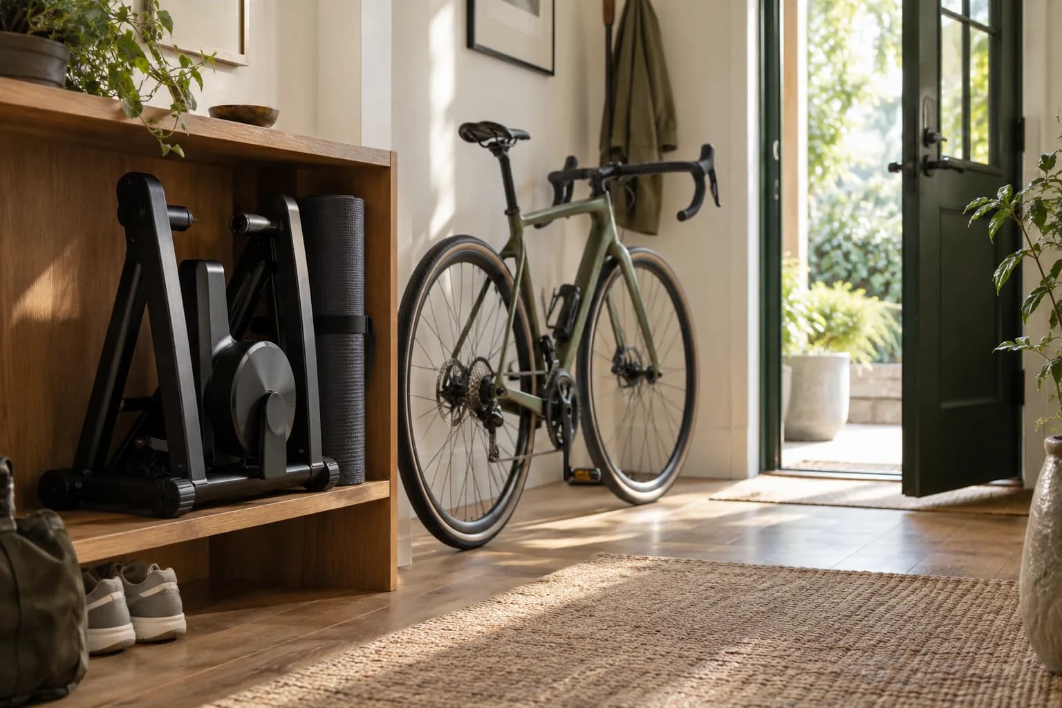 A folded trainer and rolled mat stored on a shelf beside a bicycle near an open door.
