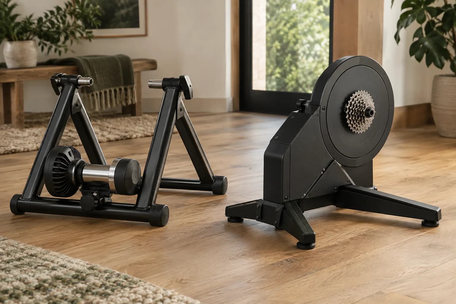 A wheel-on trainer and a direct-drive trainer side by side.
