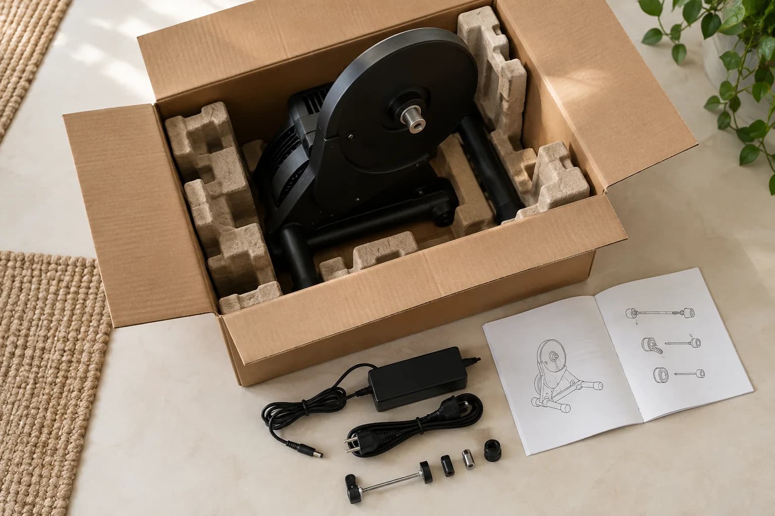 An indoor trainer in an open carton with a power adapter, mounting parts and booklet alongside.