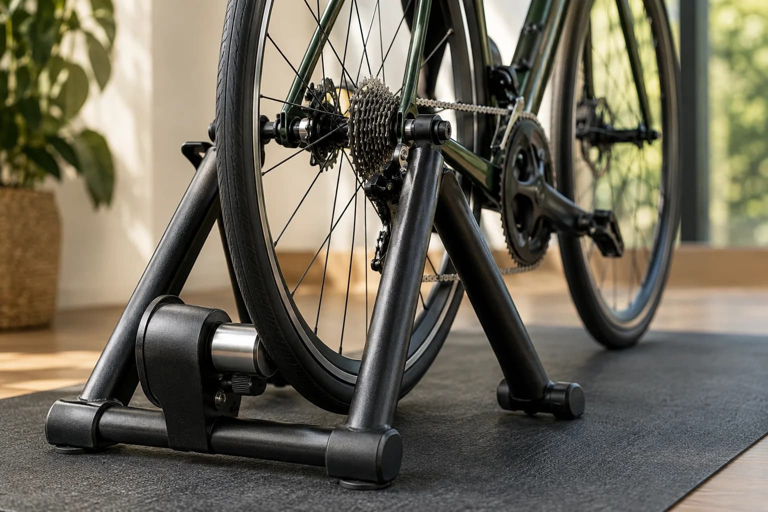 A bicycle rear tire against the roller of a wheel-on trainer, with the axle supports visible.